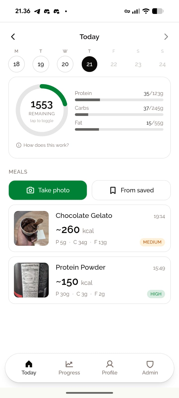 Day view with calorie ring showing 1553 kcal remaining, three macro bars, and two logged meals.