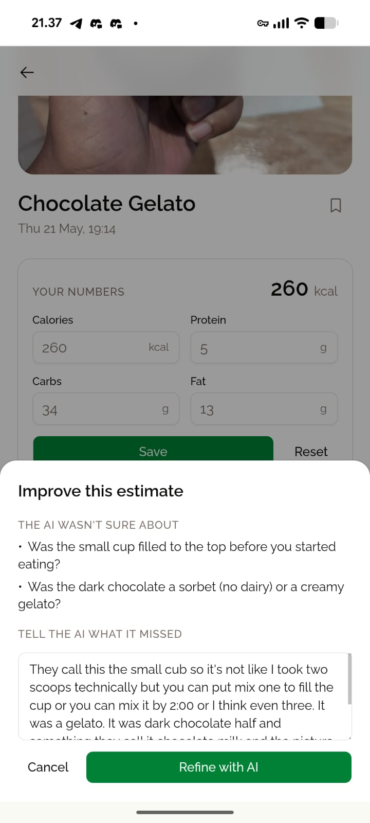 Improve this estimate bottom sheet. The AI's specific uncertainties listed as questions, plus a freeform textarea.